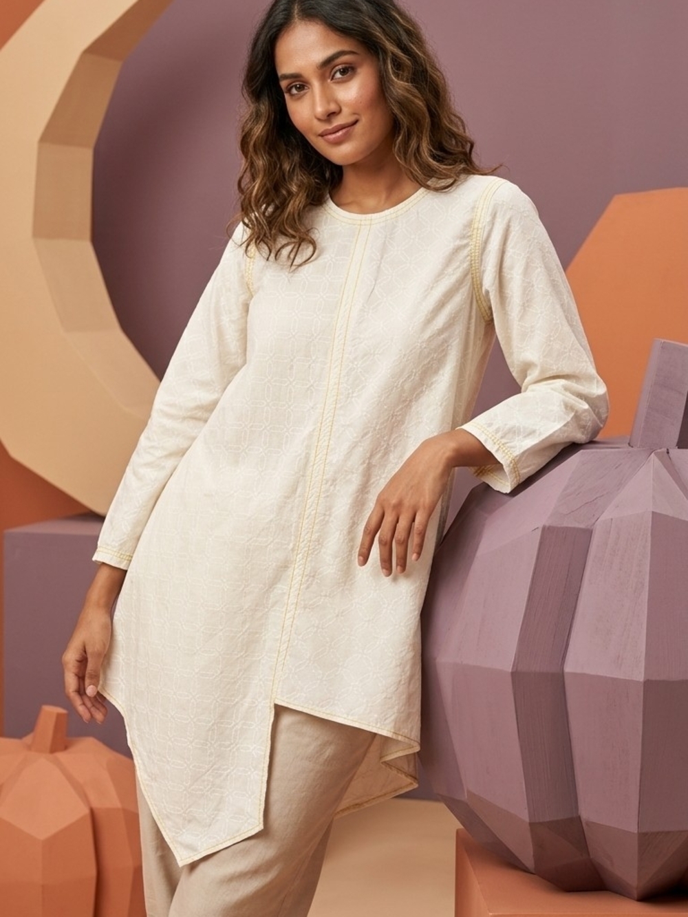 Everly Cream Asymmetric Hem Tunic Top with Subtle Texture